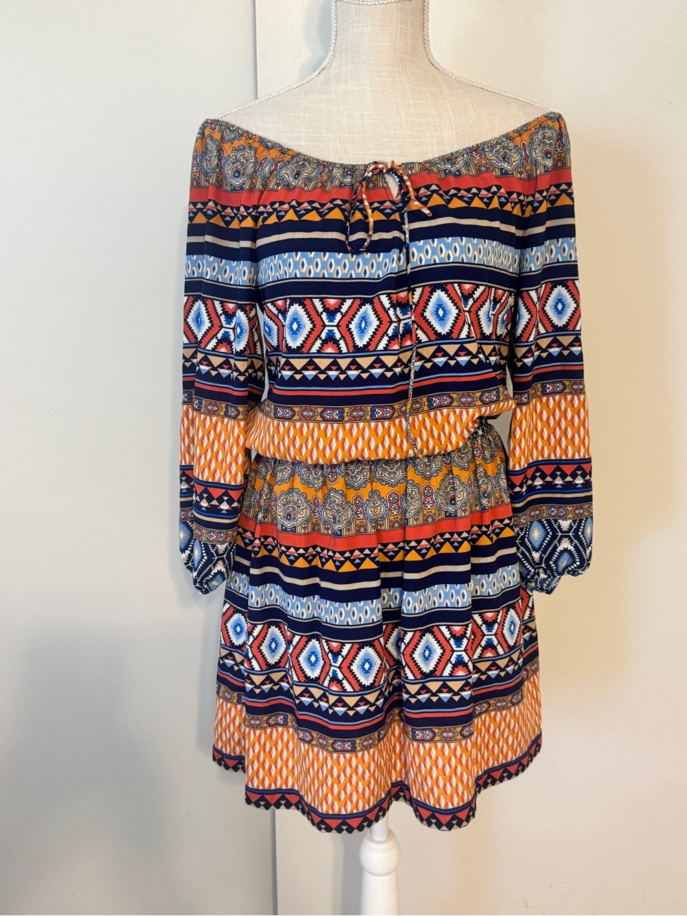 Betsey Johnson Off-Shoulder Tribal Print Dress in Navy & Orange